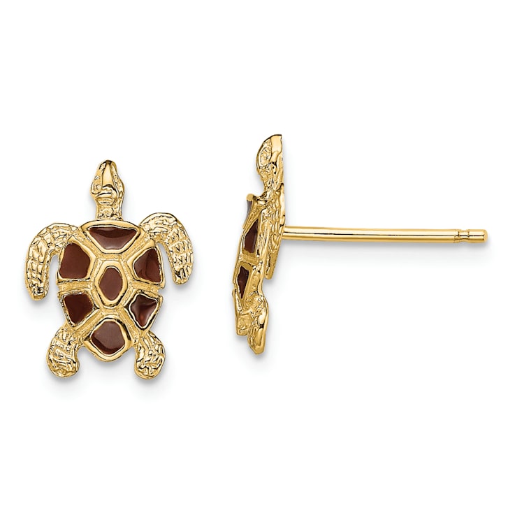 14k Yellow Gold Textured Sea Turtle with Brown Enamel Shell Stud Earrings