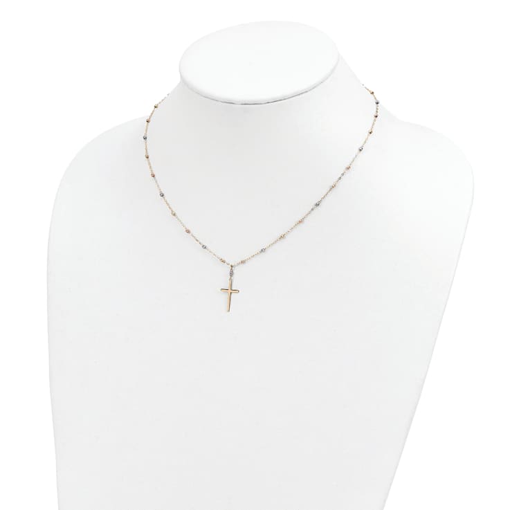 14K Yellow, White and Rose Gold Diamond-cut Beaded Polished Cross Necklace