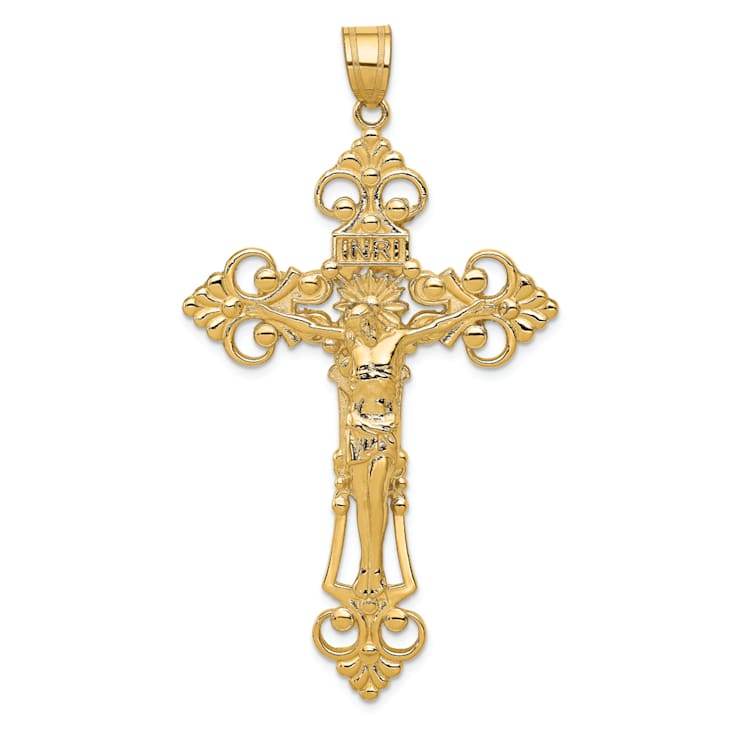 14K Yellow Gold INRI Fleur De Lis Crucifix Pendant