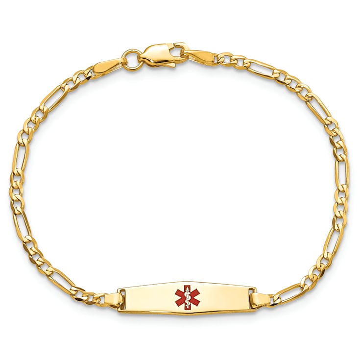 14k Yellow Gold Medical Soft Diamond Shape Red Enamel Figaro Link ID Bracelet