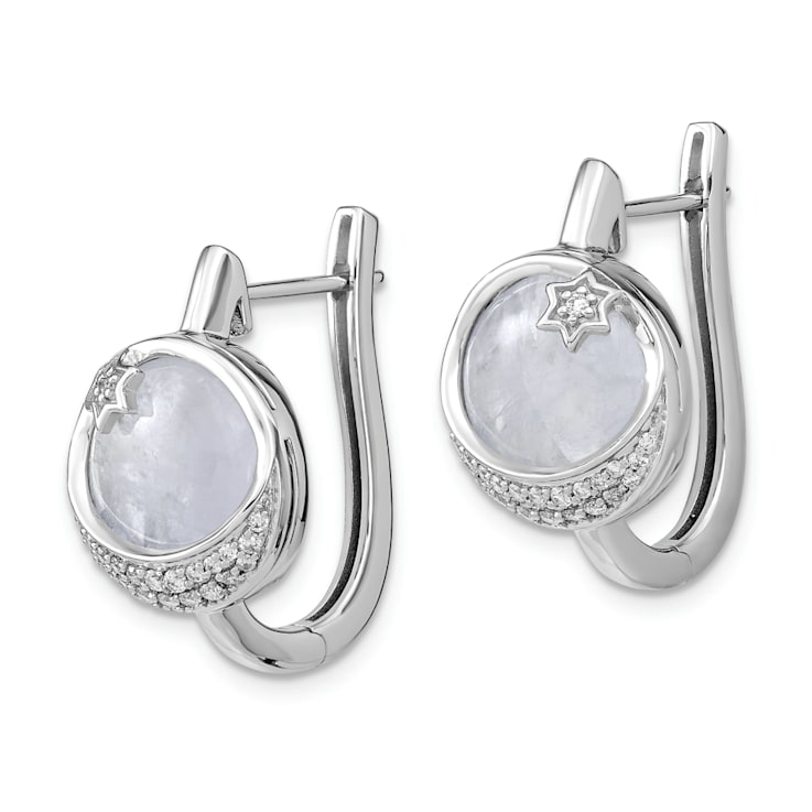 Rhodium Over 14k White Gold Moon and Star Hinged Hoop Earrings with
Moonstone and Diamonds