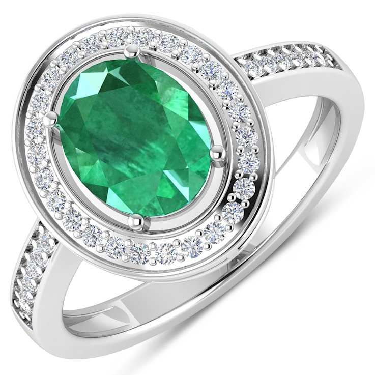 1.75ctw Green Emerald and Diamond 14K White Gold Halo Ring