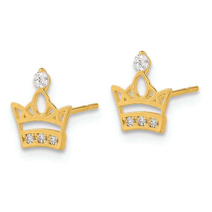 14k Yellow Gold Kids Cubic Zirconia Crown Stud Earrings