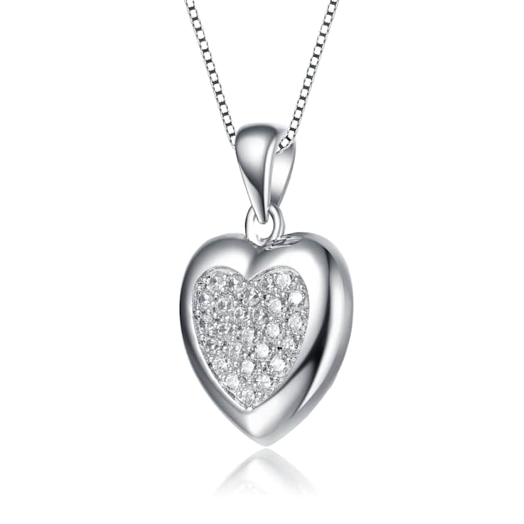 Pave CZ Heart Pendant Necklace In White Rhodium Over Brass