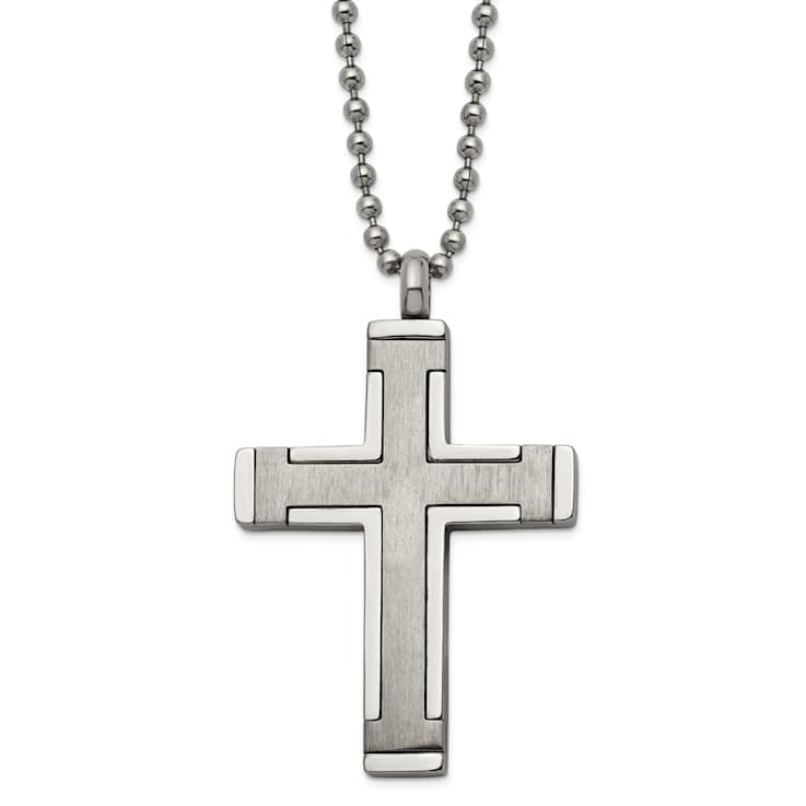 Titanium Brushed and Polished Cross Pendant with 22 Inch Ball Chain