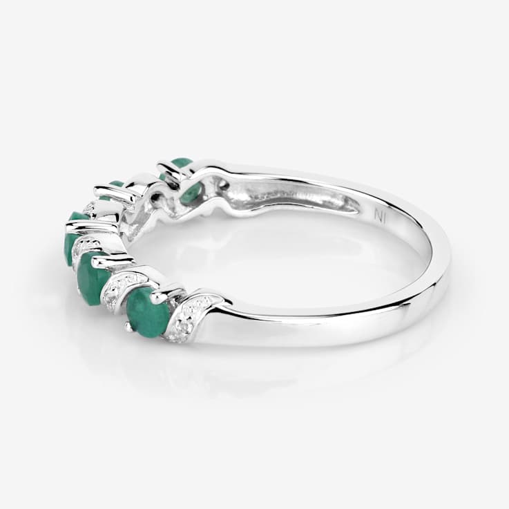 Green Emerald and White Topaz Sterling Silver 5 Stone Band Ring