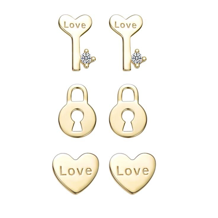 CZ Heart And Key Stud Earrings 3-Piece Set In 14K Gold Over Sterling Silver