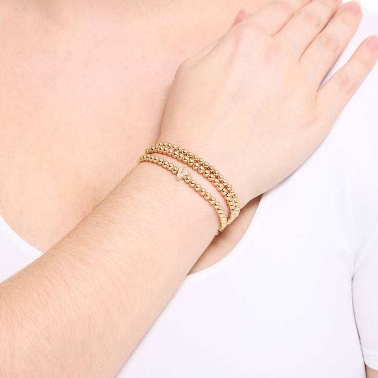 Initial V CZ Beaded Bracelet Set In 14K Gold Over Brass 0.10ctw