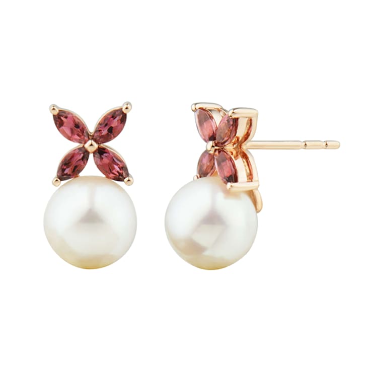 8-8.5mm Round White Freshwater Pearl and Pink Tourmaline 14K Rose Gold
Drop Floral Earrings
