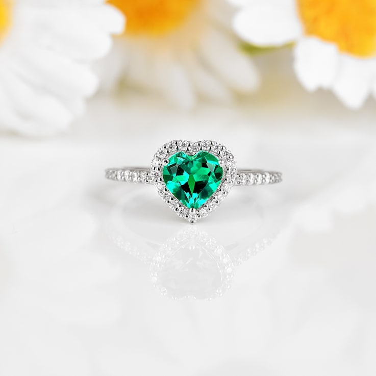 Green Lab Created Emerald and Moissanite Rhodium Over Sterling Silver
Halo Heart Ring