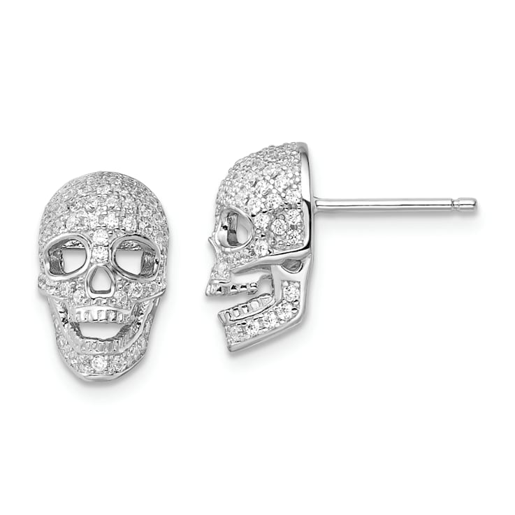 Rhodium Over Sterling Silver Brilliant Embers Cubic Zirconia Polished
Skull Post Earrings