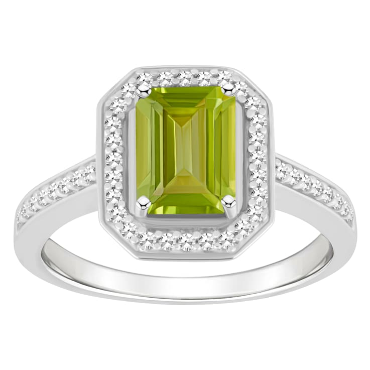 8x6mm Emerald Cut Peridot 1/5 ctw Diamond Rhodium Over Sterling Silver
Halo Ring