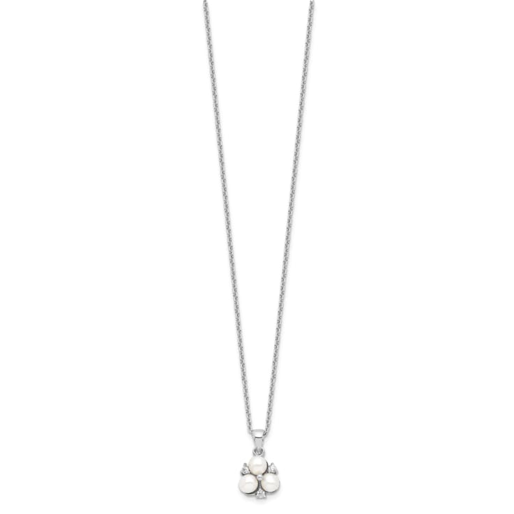 Rhodium Over Sterling Silver 5-6mm White FW Cultured 3-Pearl Cubic
Zirconia Necklace