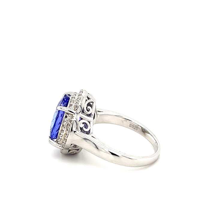 Tanzanite 12x10mm Oval and White Zircon Rhodium Over Sterling Silver Ring