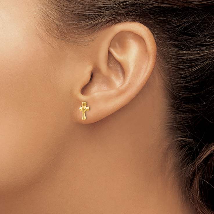 14k Yellow Gold Children's Heart Cross Stud Earrings