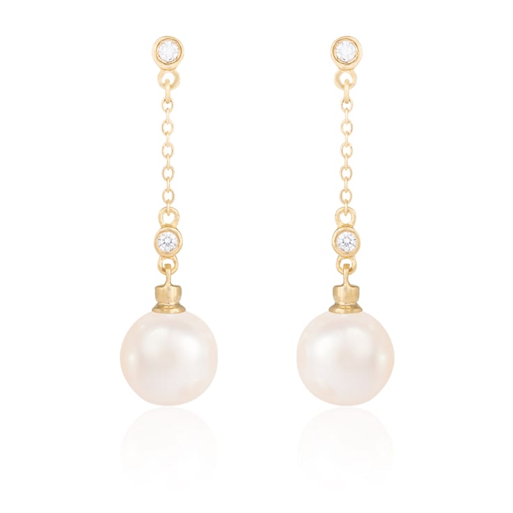 7-7.5mm Akoya Pearl with Diamond Accent 14K Yellow Gold Dangling Chain
Earrings, 0.12ctw