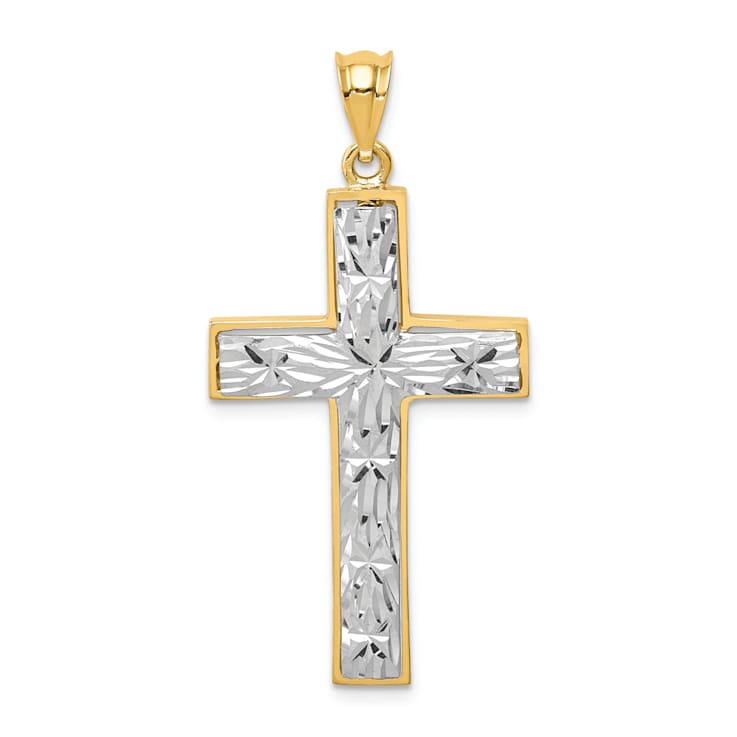 14K Yellow and White Gold Polished and Diamond-cut Cross Pendant