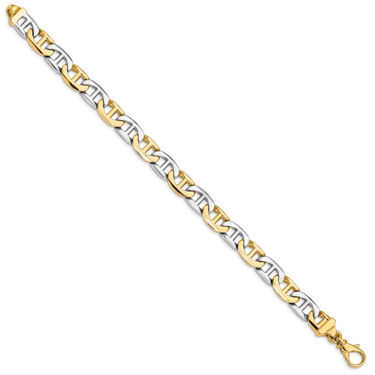 14k Yellow Gold and 14k White Gold 8mm Hand-Polished Flat Mariner Link Bracelet