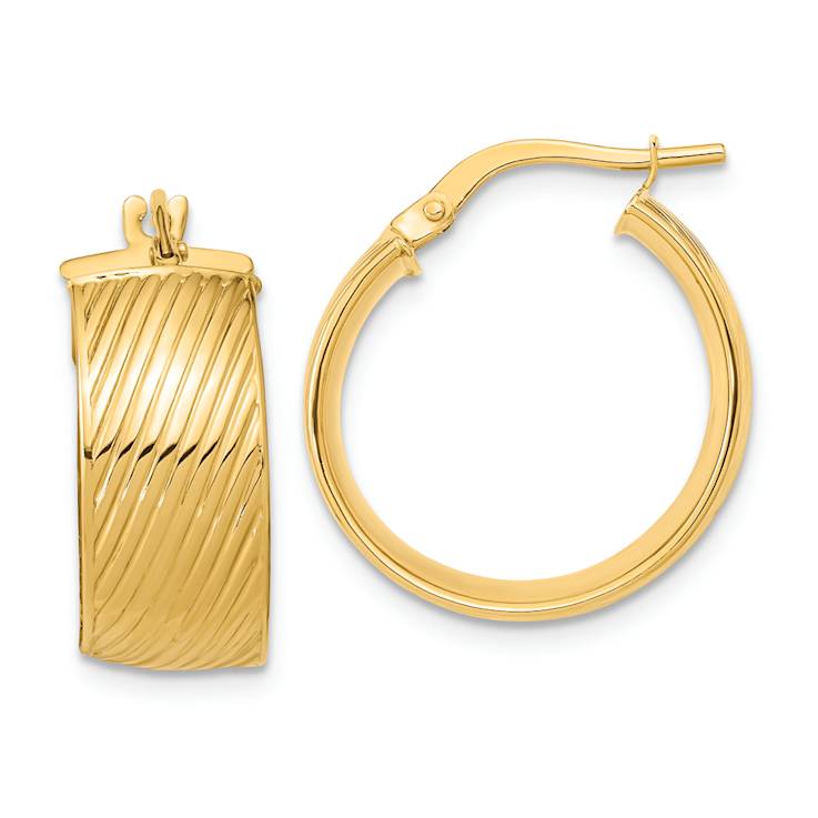 14k Yellow Gold 13/16" Polished and Textured Hinged Hoop Earrings