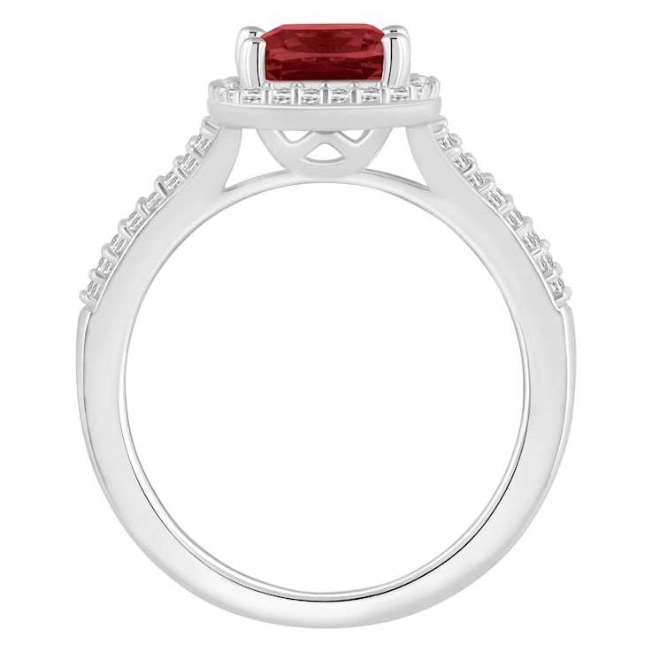 7mm Cushion Garnet 1/4 ctw Diamond Rhodium Over Sterling Silver Halo Ring