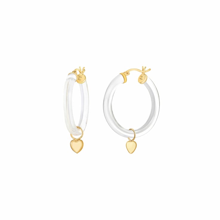 14K Yellow Gold Over Sterling Silver Acrylic Mini Heart Charm Hoop
Earrings in Clear
