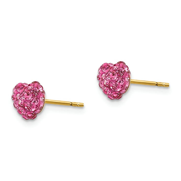 14K Yellow Gold 7mm Children's Pink Crystals Heart Stud Earrings