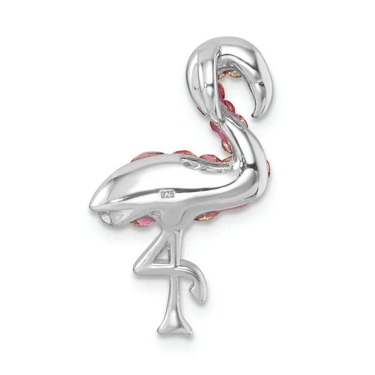 Rhodium Over Sterling Silver Polished Pink Crystal Flamingo Chain Slide