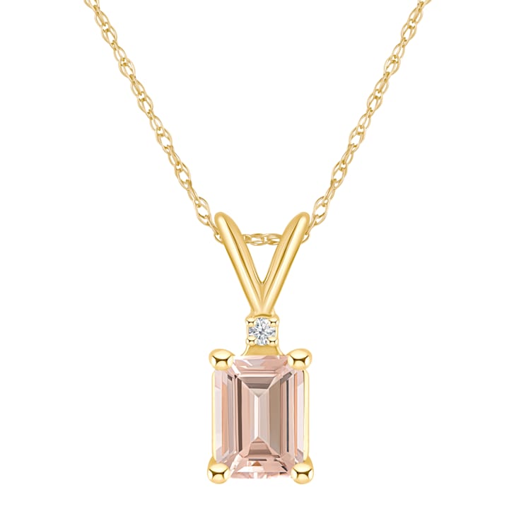 7x5mm Emerald Cut Morganite with Diamond Accent 14k Yellow Gold Pendant
With Chain