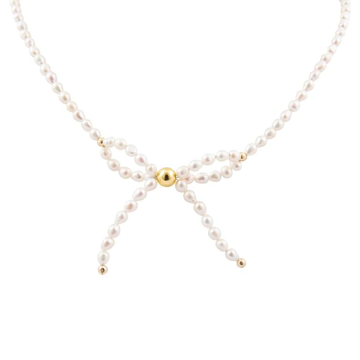 Cultured Freshwater Pearl Bow Necklace with Gold-Tone Brass Accents