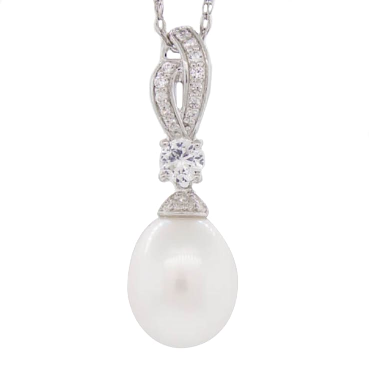 10-10.5mm Off-Round White Freshwater Pearl, Cubic Zirconia Sterling
Silver Drop Pendant with Chain