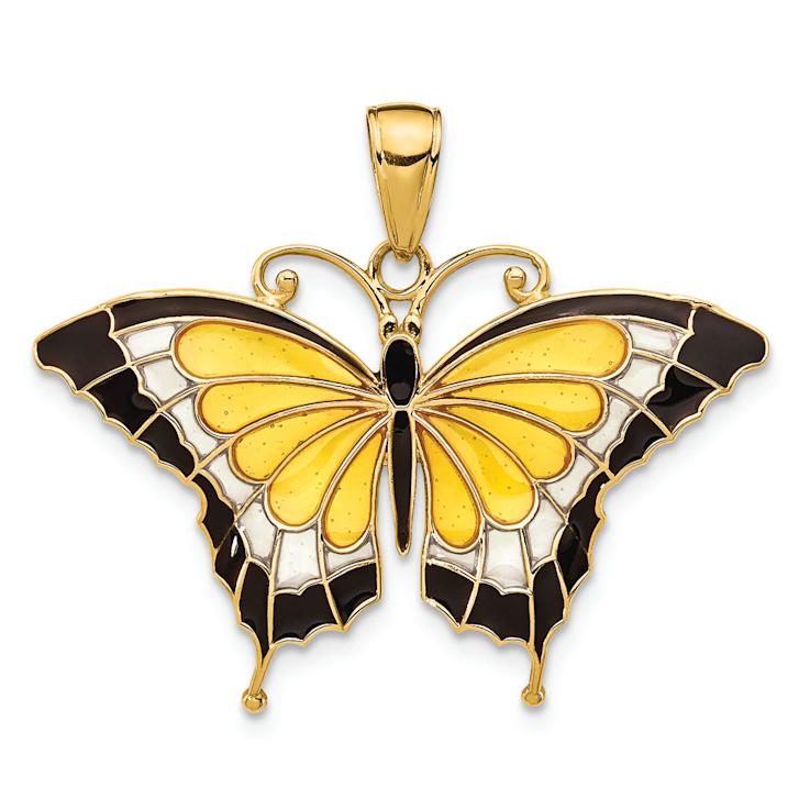 14k Yellow Gold Multi-Color Enameled Butterfly Pendant