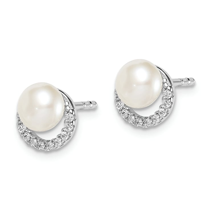 Rhodium Over Sterling Silver Freshwater Cultured Pearl Cubic Zirconia
Post Earrings