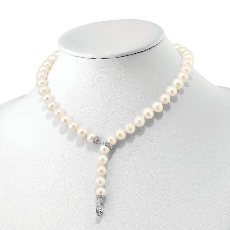 Rhodium Over Sterling Silver 9-10mm White FWC Pearl Cubic Zirconia Clasp
Adjustable Necklace