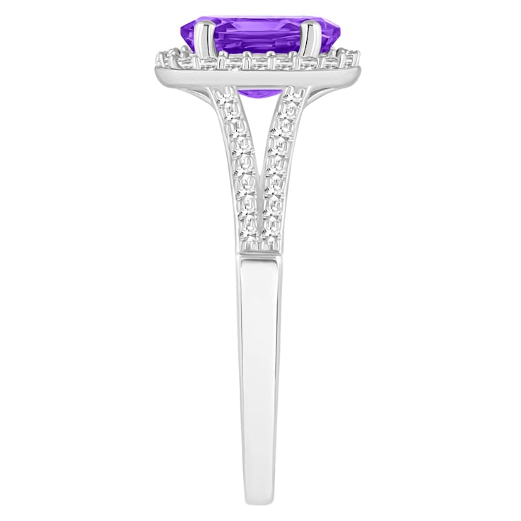 8x6mm Oval Amethyst 1/4 ctw Diamond Rhodium Over Sterling Silver Halo Ring