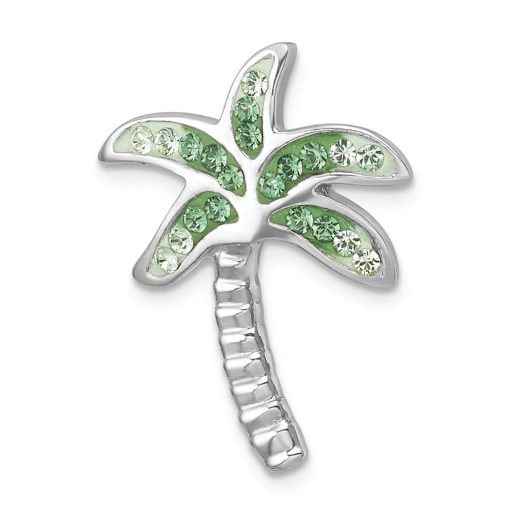 Rhodium Over Sterling Silver Polished Green Crystal Palm Tree Chain Slide