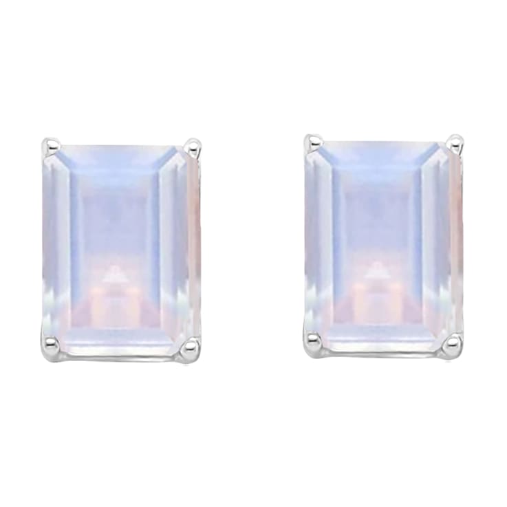 8x6mm Rectangular Octagonal Moonstone Rhodium Over Sterling Silver Stud Earrings