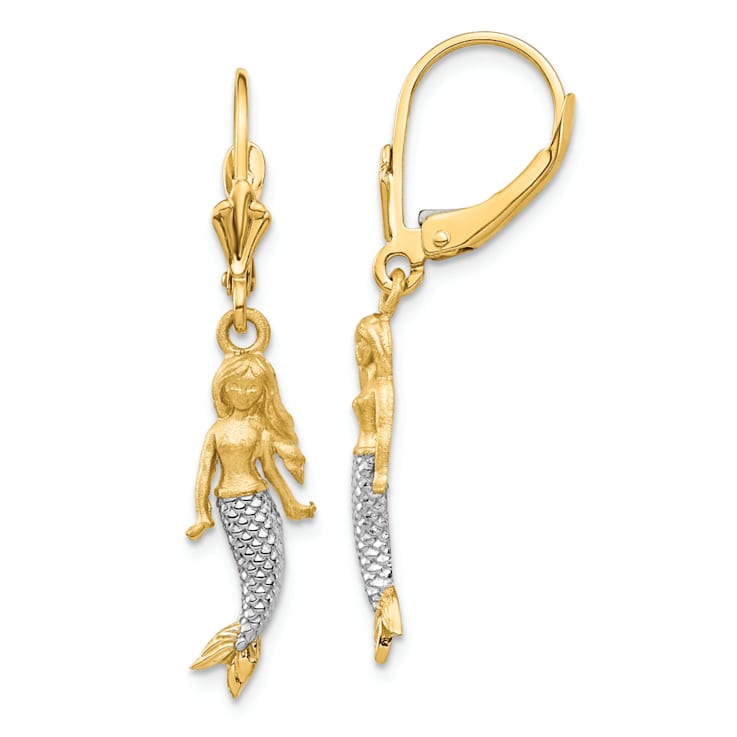 14k Yellow Gold and Rhodium Over 14k Yellow Gold Brushed Polished
Mermaid Dangle Earrings