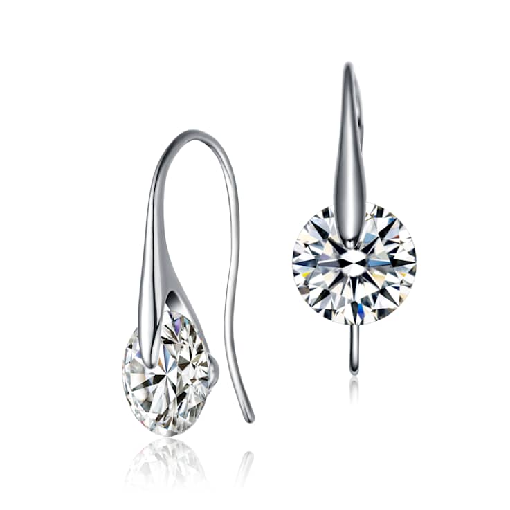 CZ Solitaire Drop Earrings In Rhodium Over Brass