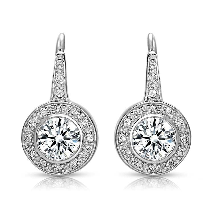 CZ Bezel Halo Drop Earrings In White Rhodium Over Brass