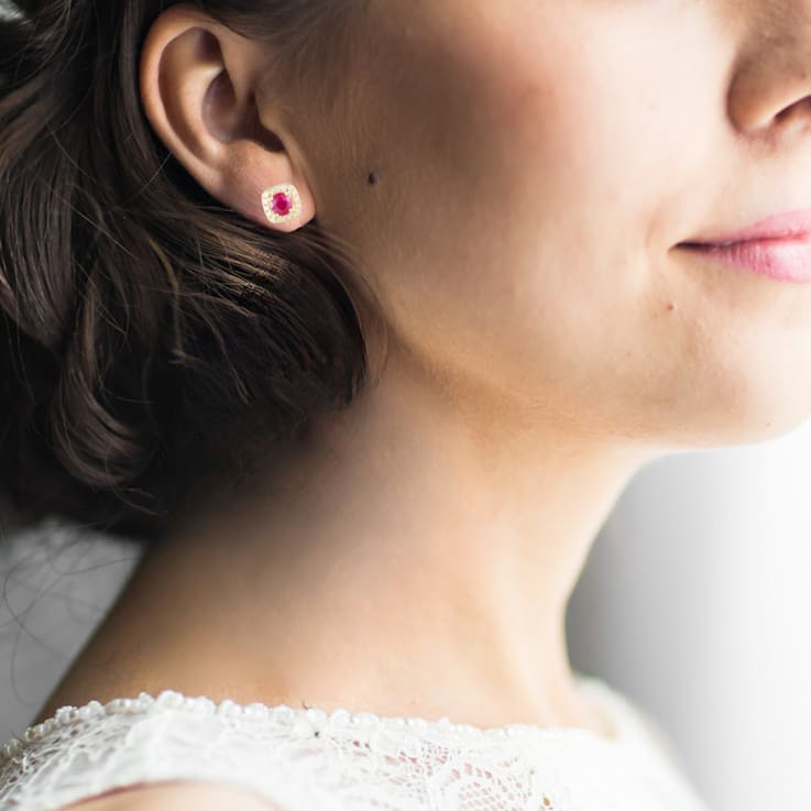 Red Ruby with Moissanite in 14K Yellow Gold Over Sterling Silver Halo
Stud Earrings