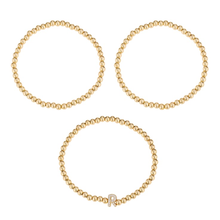 Initial R CZ Beaded Bracelet Set In 14K Gold Over Brass 0.14ctw