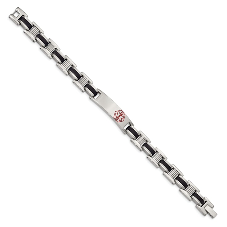 Stainless Steel Black Rubber Red Enamel 8-inch Medical Bracelet