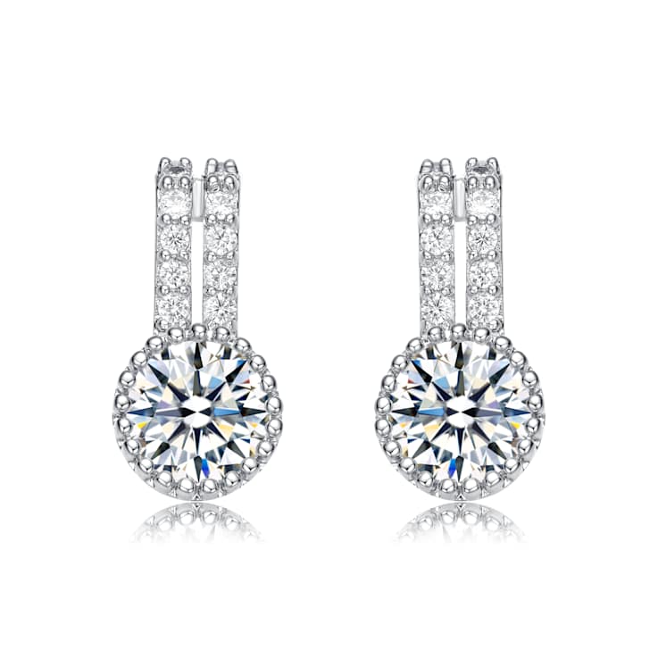 CZ Solitaire Milgrain Double Drop Earrings In White Rhodium Over Brass
