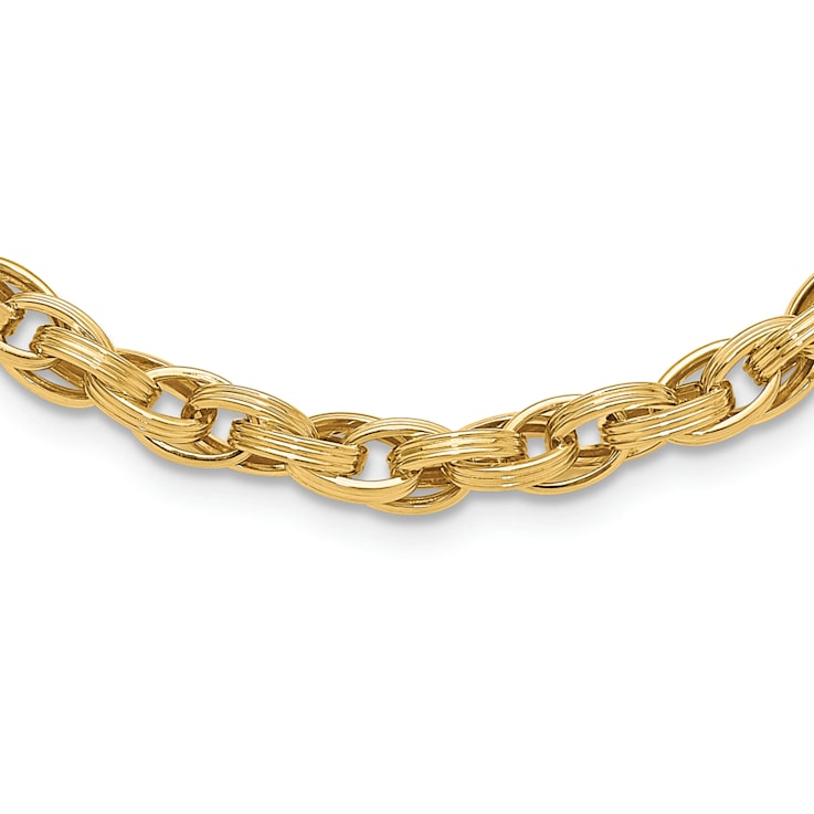 14K Yellow Gold Polished and Grooved Fancy Oval Link Necklace