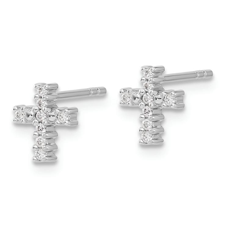 Rhodium Over 14K White Gold Polished 0.096 cttw. Diamond Cross Stud Earrings
