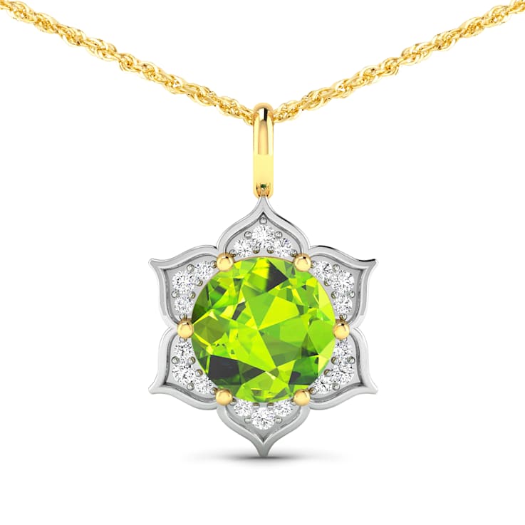 1.85ctw 14K Yellow Gold Round Peridot and White Diamond Pendant with 18
inch Cable Chain