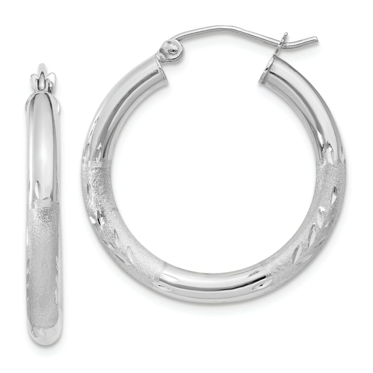 Rhodium Over 14k White Gold 1 1/16" Satin and Diamond-cut Round
Hoop Earrings