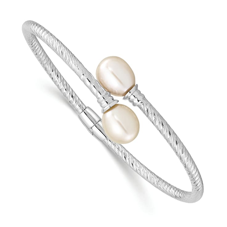 Rhodium Over Sterling Silver 8-9mm White Rice Freshwater Cultured Pearl
Hinged Bangle