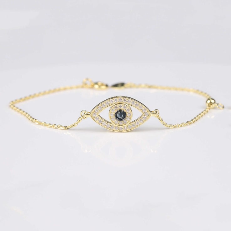 Blue Sapphire and Moissanite Evil Eye 14K Yellow Gold Over Sterling
Silver Bracelet