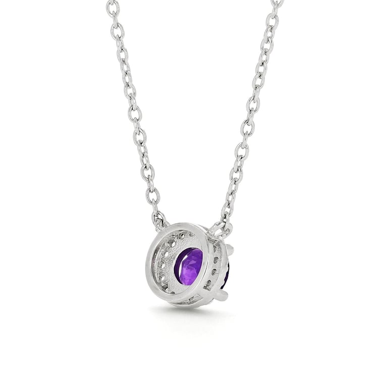 Dark Purple Amethyst with White Topaz Halo Rhodium Over Sterling Silver Necklace